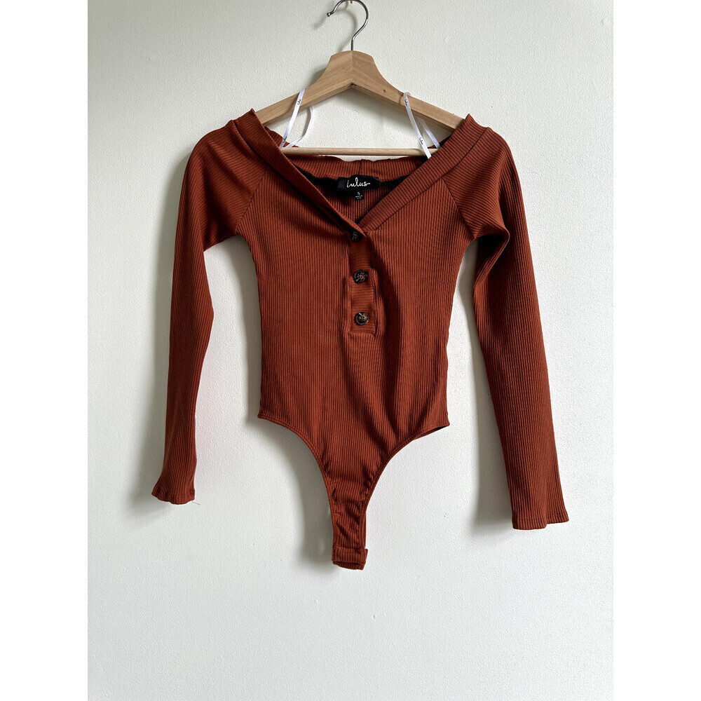 LULUS women's Off The Shoulder Ribbed Bodysuit In Rust Size XL